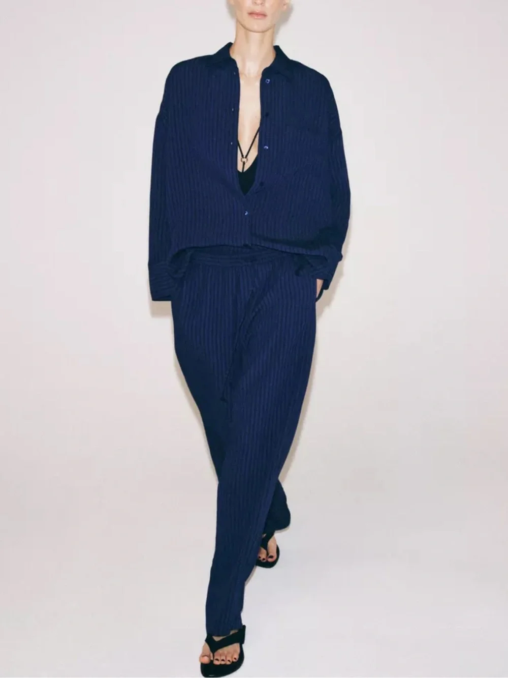Zara Women’s Striped Jacquard Shirt and Wide Leg Pants Matching Set Size Small
